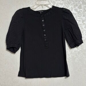 Who What Wear Solid Black Blouse‎ Swiss Dot Puff Sleeve Half Button Down Top XS